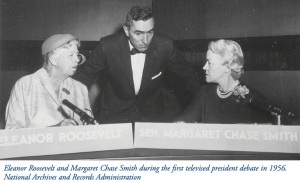 Eleanor Roosevelt and Margaret Chase Smith during the first televised president debate in 1956. National Archives and Records Administration.